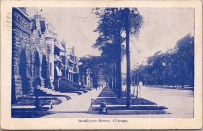 1908 CHICAGO Illinois Postcard ''Residence Street'' Houses / Boy Sitting on Curb