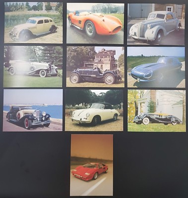 Set 10 alte Postkarten, um 1980, zeigen Oldtimer inkl. Ferrari, Jaguar