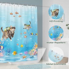 Funny Cat Shower Curtain, Teal Blue Ocean Diving Cat Tropical Fish Starfish K...