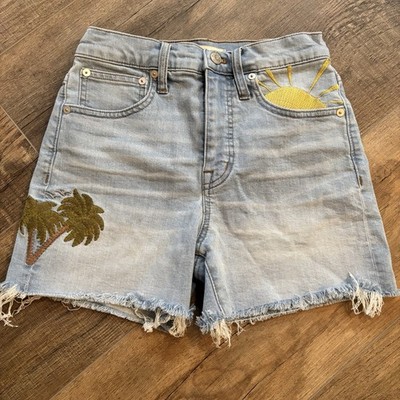Madewell Denim Shorts 24 CutOff Palm Sun Bird Embroidery HighWaist Beach Raw Hem
