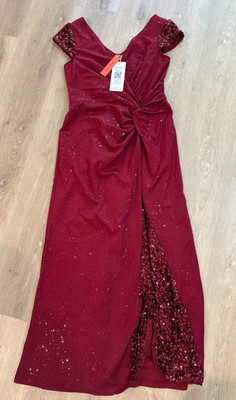 NWT Ever Pretty Burgundy Sparkle Evening Gown w/ Sequin Trim & Front Slit - XL