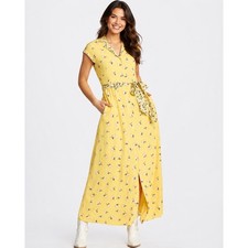 Draper James Yellow Floral Maxi Shirt Dress Belted Pockets Garden Party Medium