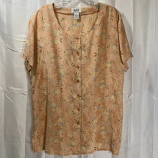 Vintage Sostanza Womens L Button Up Blouse Short Sleeve 100% Silk Peach Floral