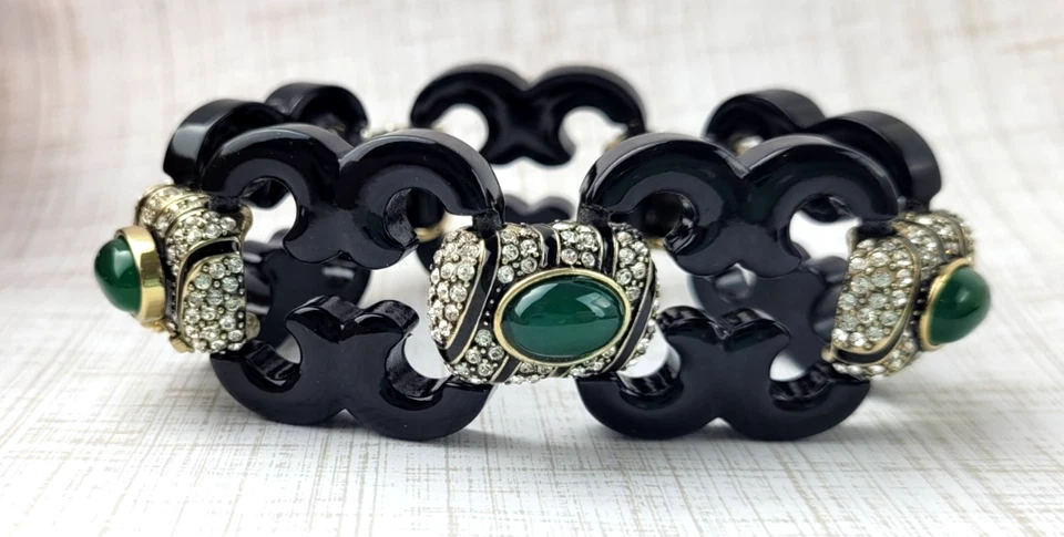 Heidi Daus "Elegância Distinta" Pulseira Cabochão Preto Verde Strass 8" - Imagem 4 de 4