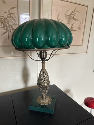 Antique 1910s Green Cased Glass Mushroom Dome Table Lamp Emeralite Style  Shade
