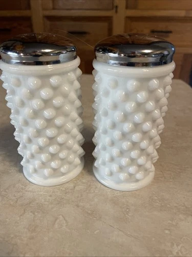 Fenton Milk Glass Salt and Pepper Shakers Set Hobnail Pattern with Lids Vintage