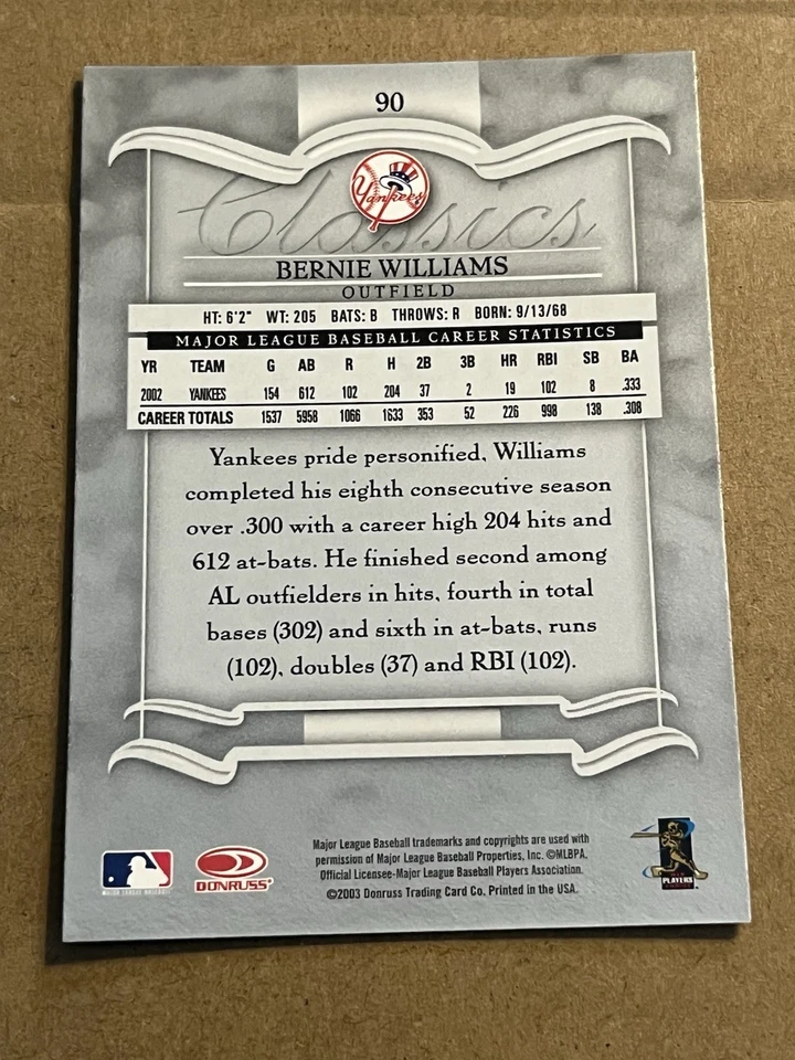 2003 DONRUSS CLASSICS - BERNIE WILLIAMS YANKEES #90 - Image 2 of 2