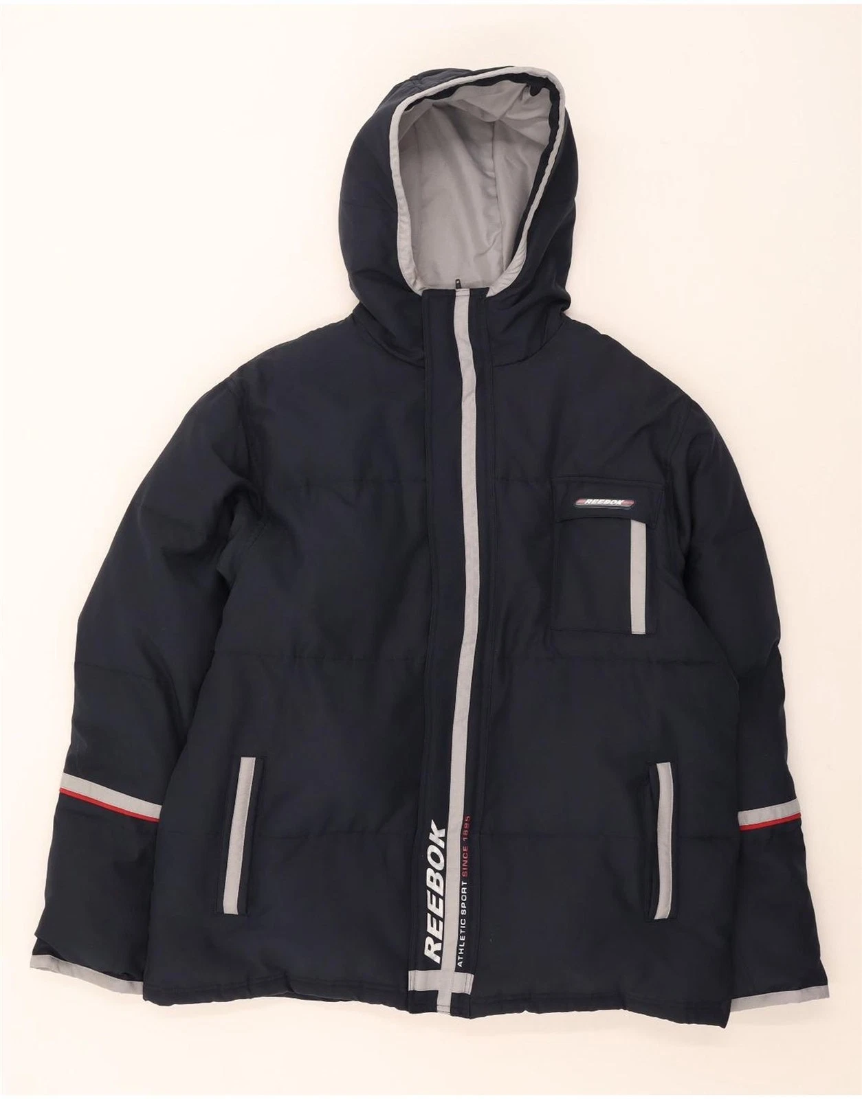 REEBOK Mens Graphic Hooded Padded Jacket UK 42 XL Navy Blue Colourblock DG01