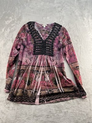 World Unity Patterned Top Womens Size Medium Floral Long Sleeve Boho V-Neck