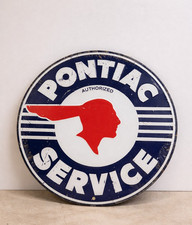 Vintage Pontiac Service Embossed Metal Sign 12 Round Gas Oil Garage Dcor