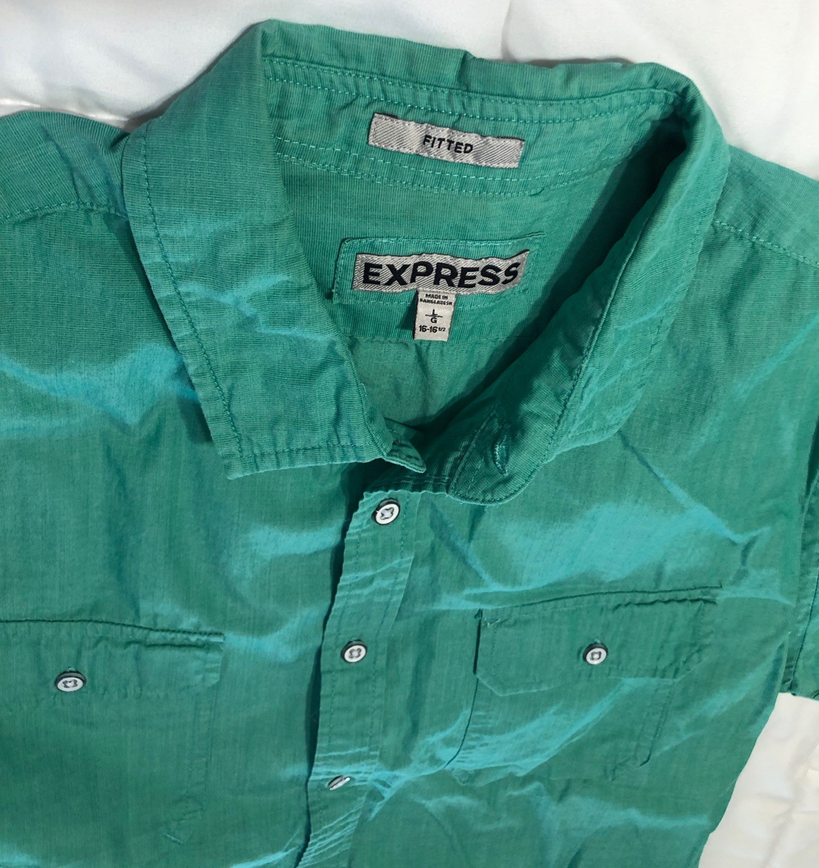 Express Green Fitted Button Down Short Sleeve Shi… - image 4