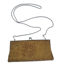 Vintage MCM Sunflower gold beaded bag, beaded evening bag purse Silver chain