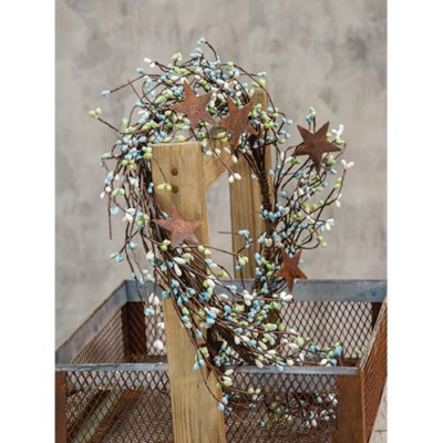 NEW Pip Berry Garland w/ Rusty 2'' Stars Blue Green White 40'' Beach Cottage 
