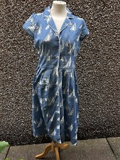 Seasalt Lottie Nautical Boat Print 50s Sz 12 Tea Dress Blue Button Front Seaside