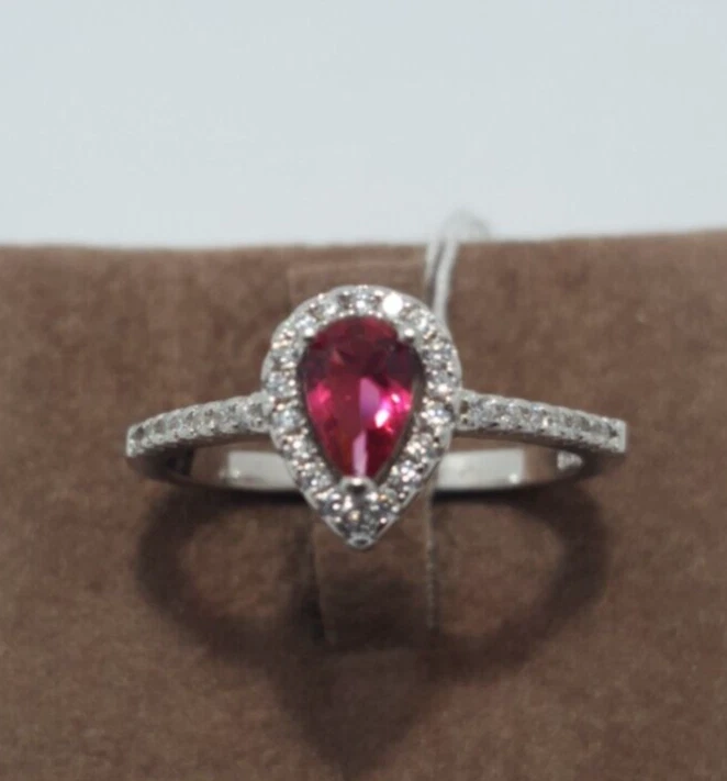 Anello Kate Donna Argento 925 Rodiato Buanco Pietra Zircone Goccia Rosso Rubino - Immagine 2 di 4