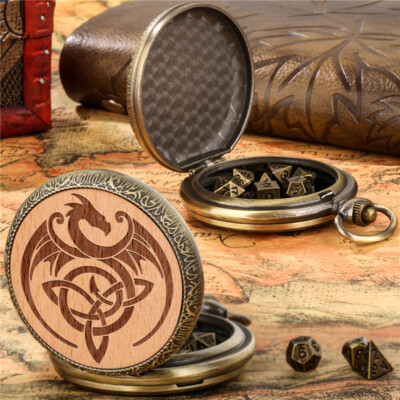Kleine Metall 7 x Polyhedrische Gaming Würfel Drachen Muster Taschenuhr Gehäuse Kette