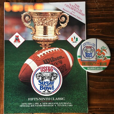 Vtg Sugar Bowl Program 1993 USF&G Alabama Crimson Tide Miami Hurricanes Button