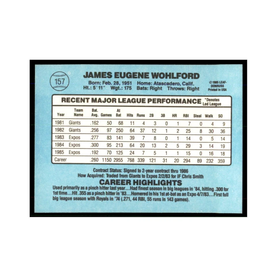 1986 Donruss Jim Wohlford Montreal Expos #157 - Image 2 of 3