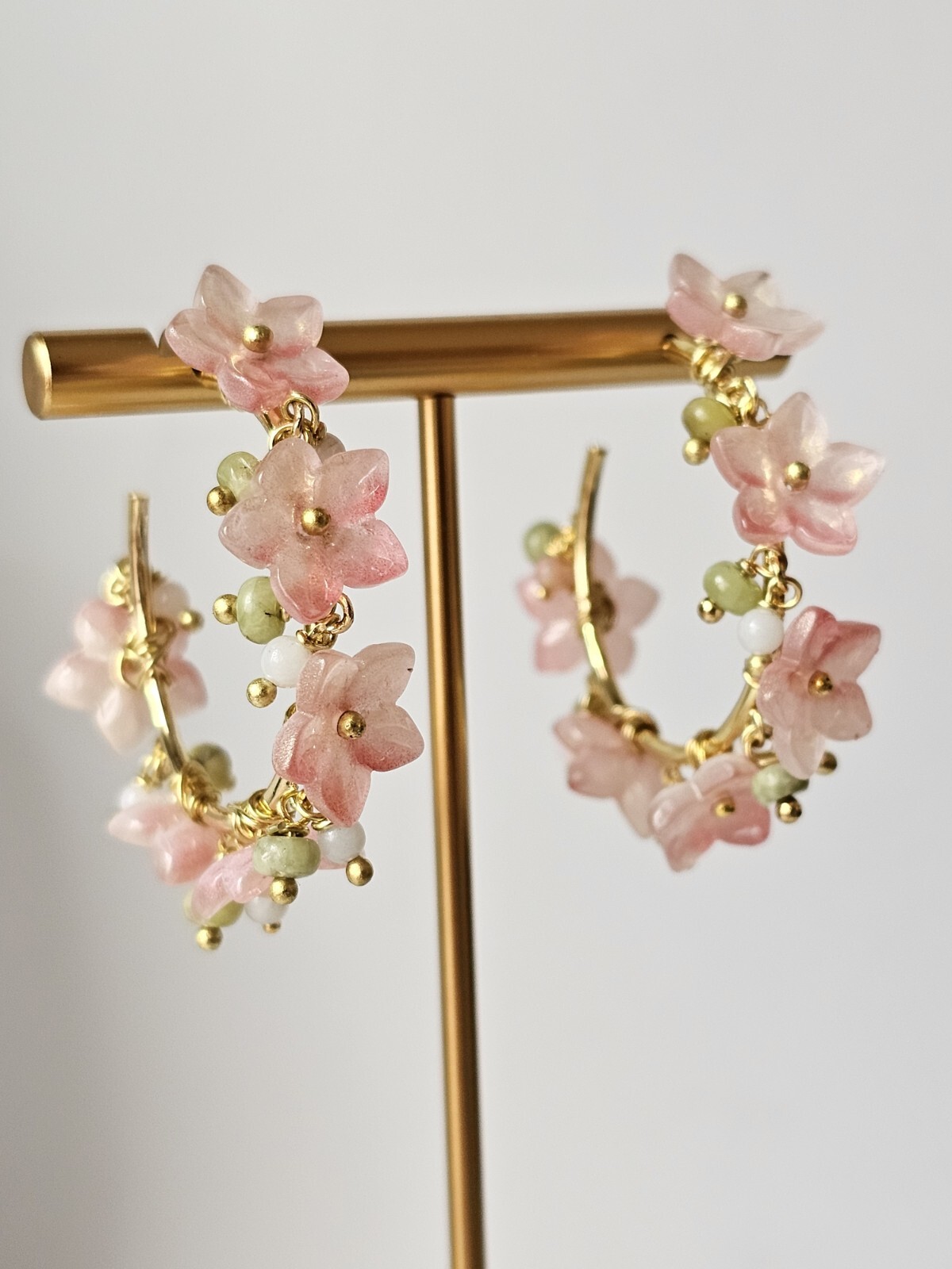 Unique Coral Pink Floral Hoop Earrings | Handmade Botanical Design | OOAK-image