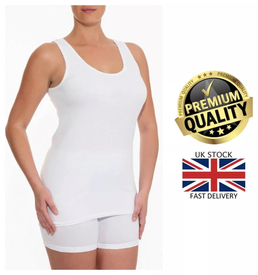 Nuevo paquete de 3 chalecos sin mangas con borde entrelazado blanco 100 % algodón para damas ropa interior Foto 2 de 2