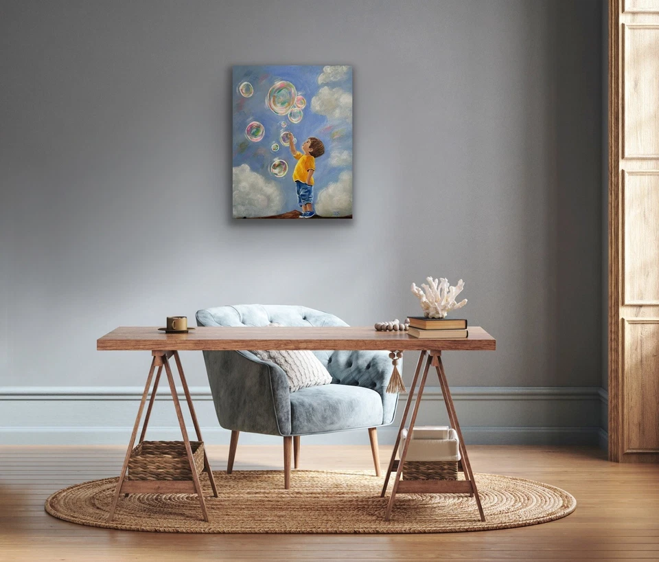 Pintura Niño Con Burbujas “Nublado Con Posibilidad De Burbujas” 16 X 20” NO ES UNA IMPRESIÓN Foto 3 de 4