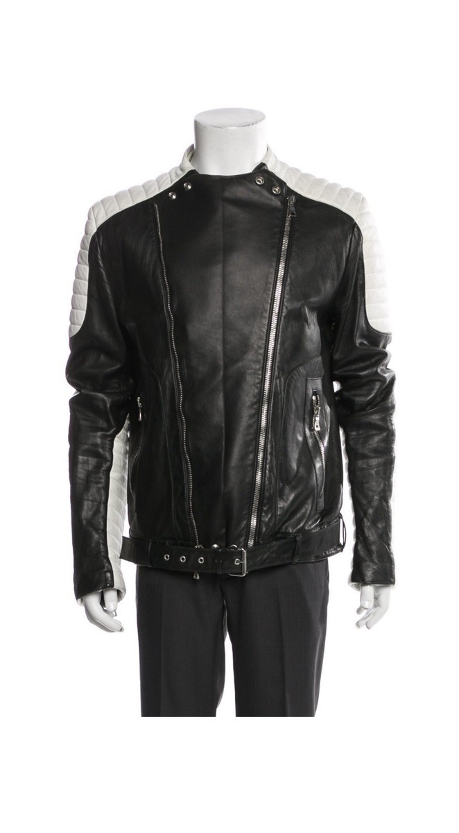 Balmain Leather Jacket Mens 54 Biker Moto Quilted Paris France