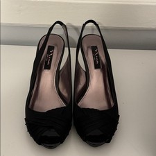 Nina New York Black Satin Peep-Toe Sling-Back Heels
