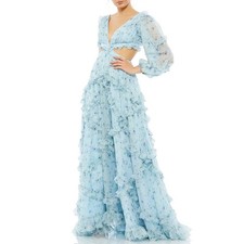Mac Duggal 70249 Floral Chiffon Cut-Out Tiered Ruffle Maxi Gown Light Blue Sz 0