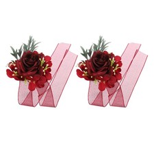 Rose Flower Corsage Wristlet, Wrist Corsage for Wedding 2Pcs Black-Red