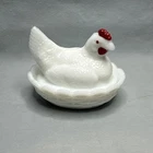 3 1/2" Vintage Westmoreland Milk Glass Covered Chicken Hen on a Basket Nest Dish