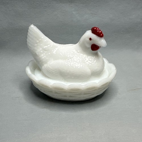 3 1/2" Vintage Westmoreland Milk Glass Covered Chicken Hen on a Basket Nest Dish