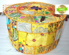 Indian Vintage Floral Ottoman Pouf Embroidered Cotton Footstool Bed Room Decor