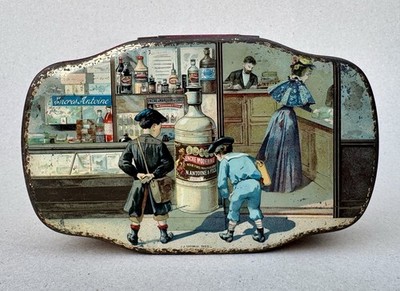 Antoine Tinte: Seltene lithographierte Schachtel 1900 / Variante mit blauem Kleid