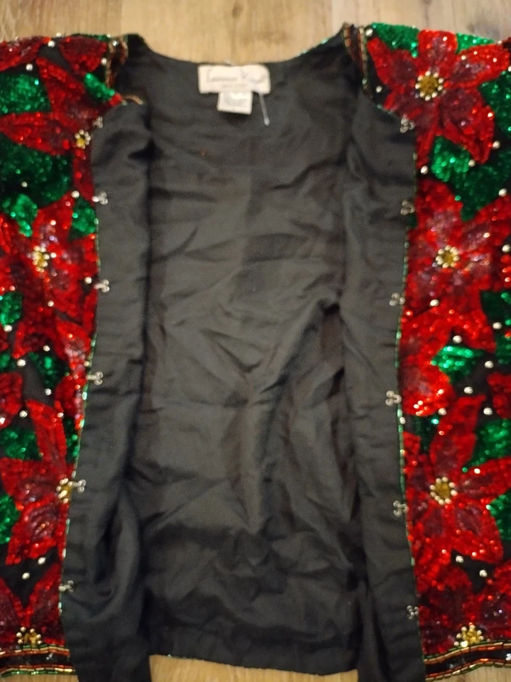 VTG 80's Laurence Kazar Silk Beaded Sequin Poinsettia Cropped Evening Jacket L - Image 4 of 4