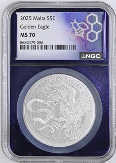 Moneta argento 2025 Malta Golden Eagle 1 oz MS 70 nucleo viola esclusivo