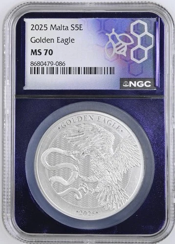 2025 Malta Golden Eagle 1 oz Silver Coin MS 70 Exclusive Purple Core