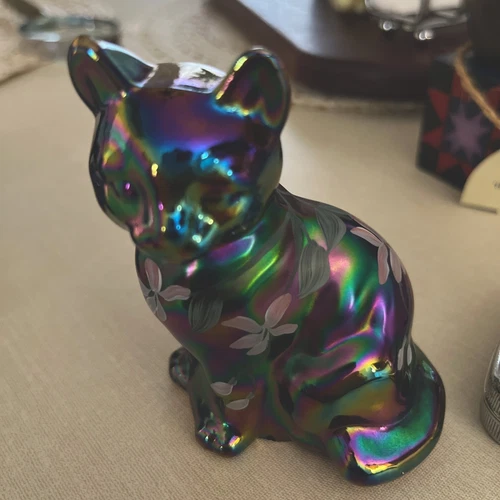 Vintage Fenton Glass Cat Figurine Iridescent Purple Blue Hand Painted Signed