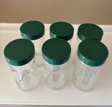 Set of 10 Clear Glass Storage Jars 18 oz w/ Green Plastic Screw-On Lids