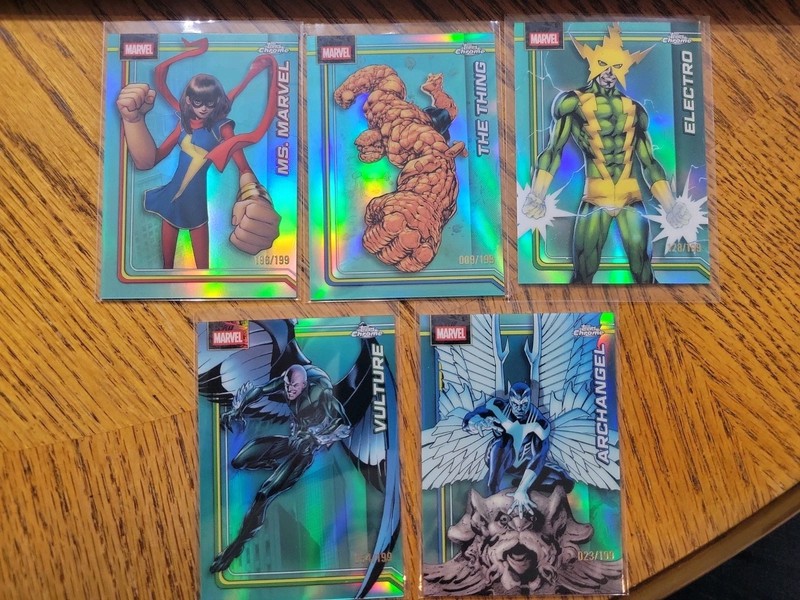 2026 Topps Marvel Chrome Aqua: Ms. Marvel, Thing, Vulture, Electro, Archangel