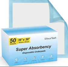 50 Count 36" x 36" Super Absorbency Disposable Underpads - Leakproof Quick Dr...