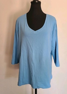 BB St Johns Bay Women's Essential Tee 3/4 Sleeve Top Light Blue Plus Size 1X 