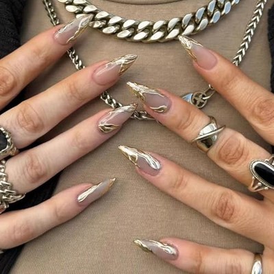 French Tip Press On Nails - Almond Shaped, 3D Wave 0.04 Fl Oz (Pack of 24) Gold