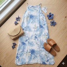 Lungo L'Arno Floral Midi Dress Womens Small Blue White New 100% Linen Made Italy