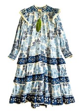 Farm Rio Women's Sz Medium Stitched Floral Maxi Dress With Lace Trim