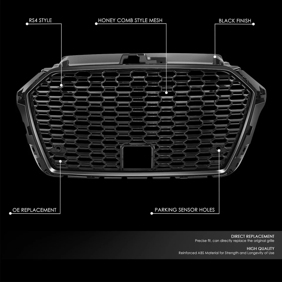 Rejilla delantera estilo RS3 negro brillante Fit 17-20 Audi A3 8V S3 con ACC y orificios de sensor Foto 2 de 4
