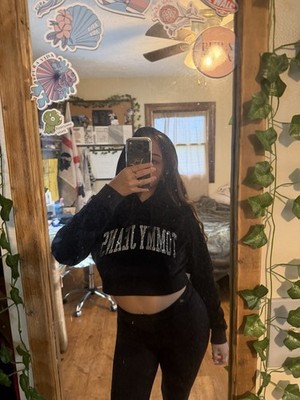 Tommy Jeans Women's Black Size S Cotton Fleece Cropped Logo Pullover Hoodie