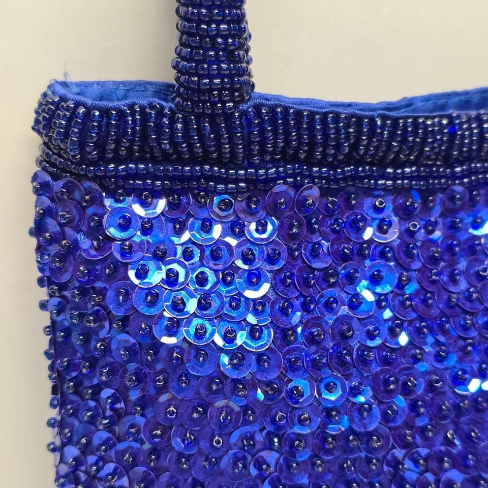 Cartera de noche vintage azul cobalto con cuentas lentejuelas bolso con asa superior hecha a mano Foto 4 de 4