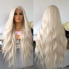 Platinum blond Lace front wig Natural wavy Synthetic hair Heat resistant Long