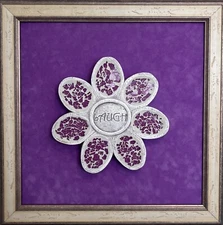 Whimsical Mosaic Flower Wall Art – “LAUGH” 3D Mixed Media on Board, Framed 19x19