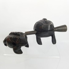 2 Vintage Small Croaking Frog Guiro Instruments with 1 Stick Dark Wood Ribbit